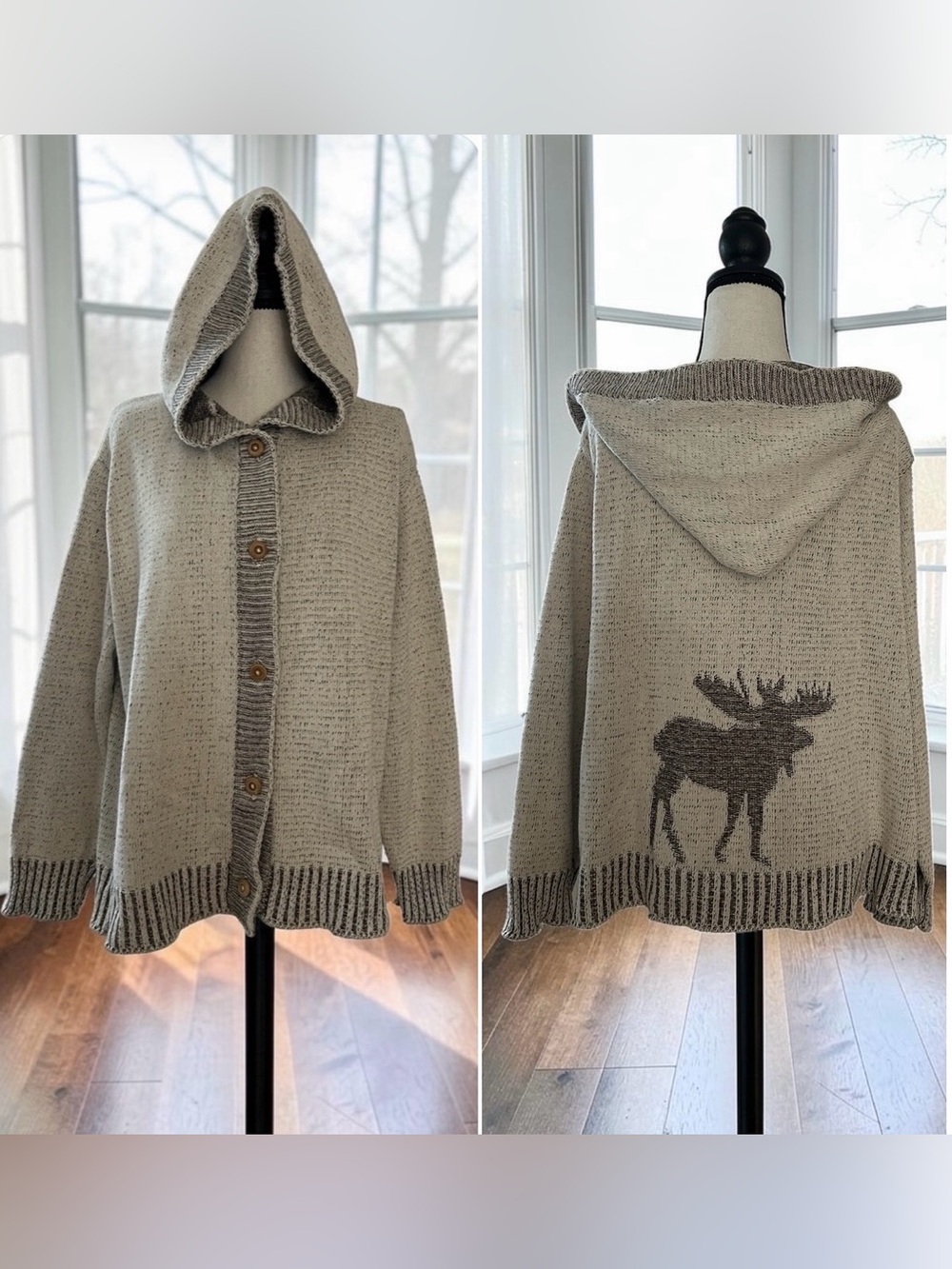 Vintage 90s Binghamton Knitting Co USA 100% Cotton Moose Hooded Cardigan Sweater